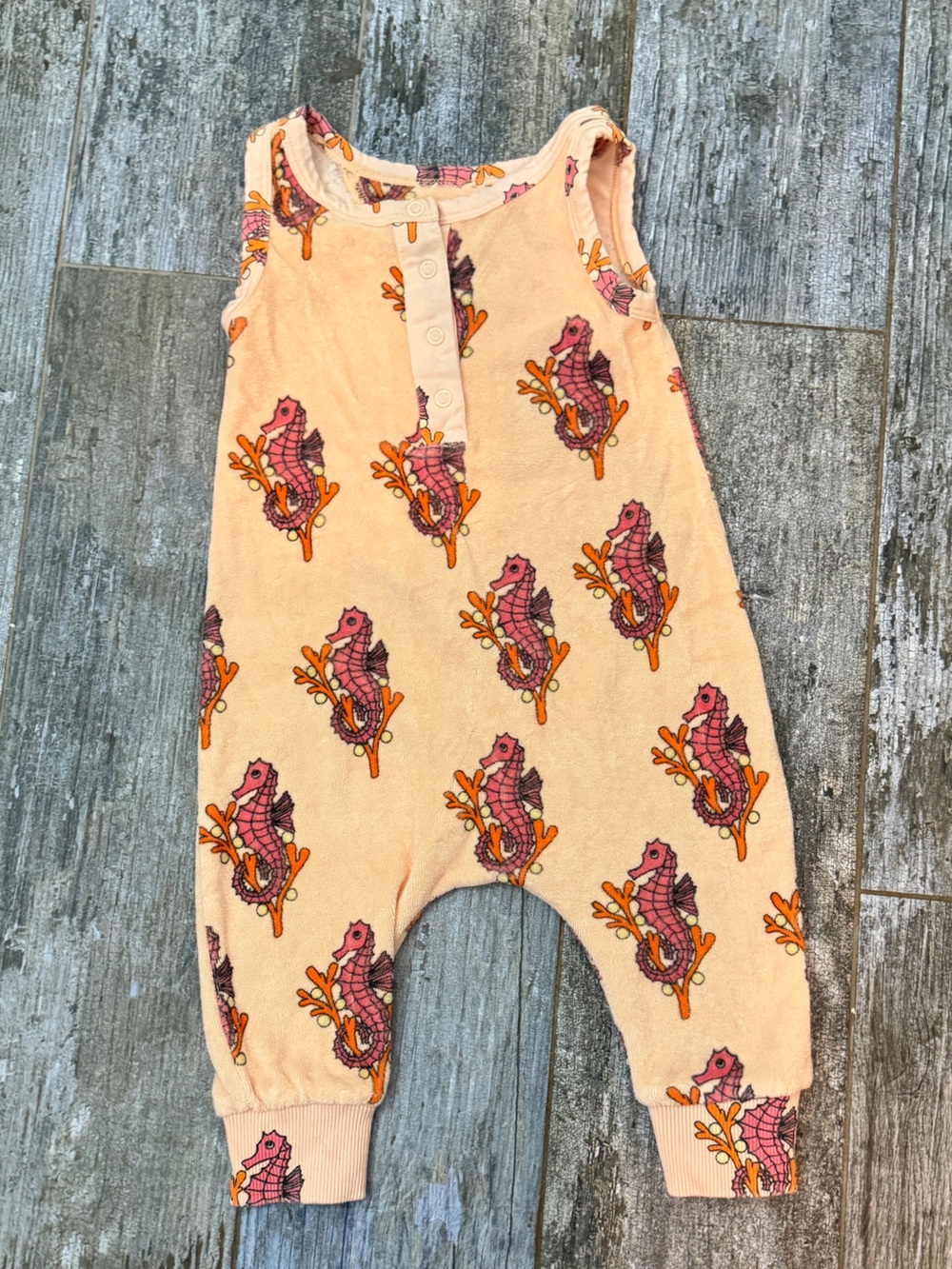 HUGO LOVES TIKI- Peach terry cloth Baby Romper with Pink & Orange seahorse Print